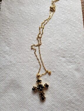 Goldtone Sterling Silver Necklace & Cross Pendant With Black Spinel